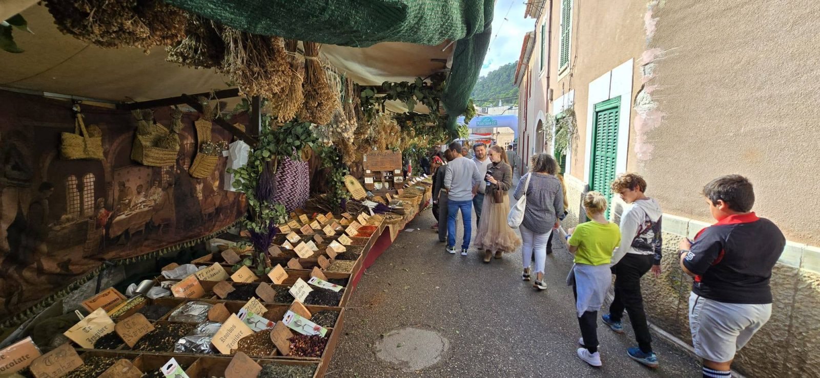 Puesto de hierbas y productos locales en una feria de pueblo de Mallorca